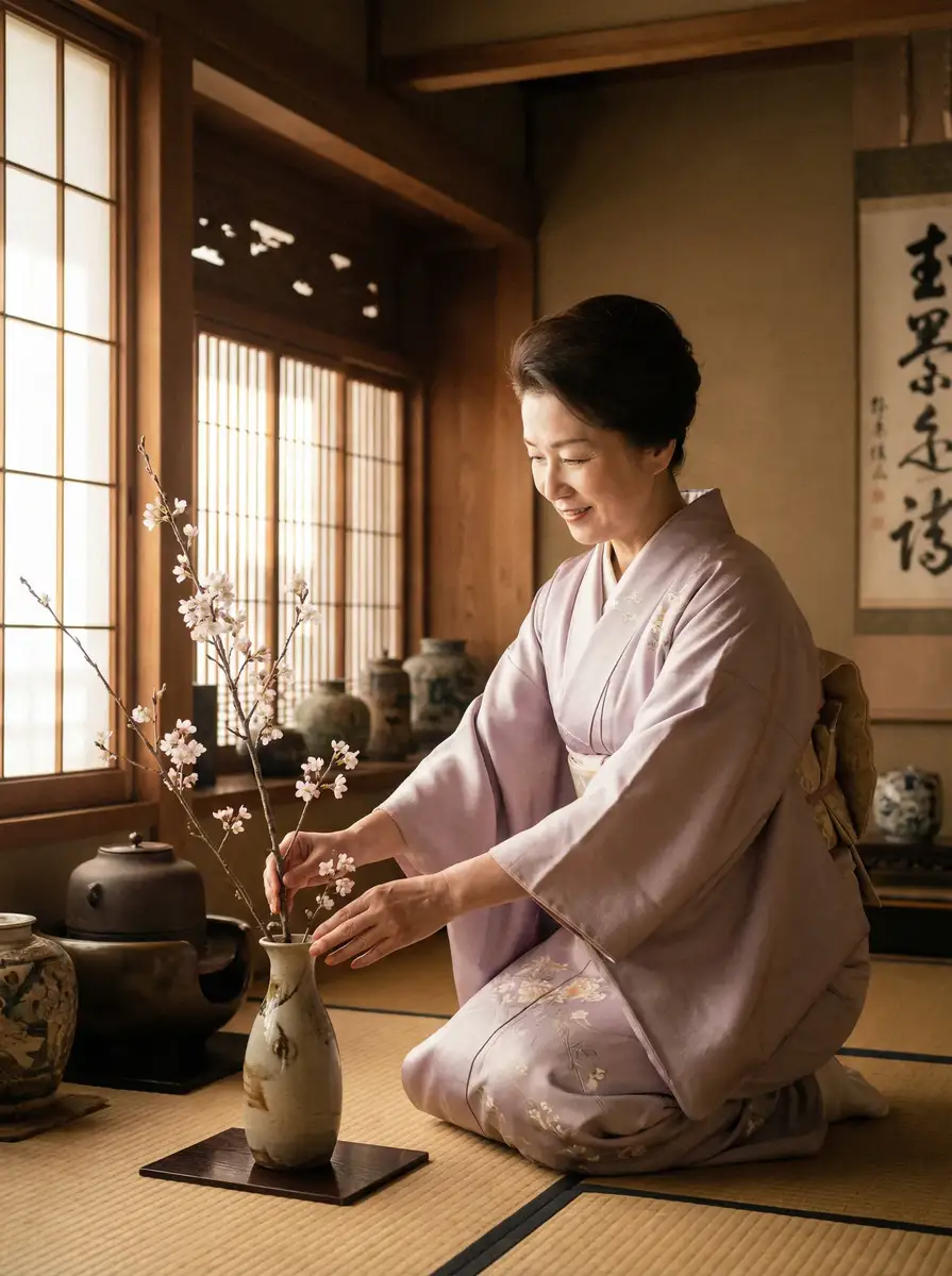 一位优雅的 神木丽 在和室中插花