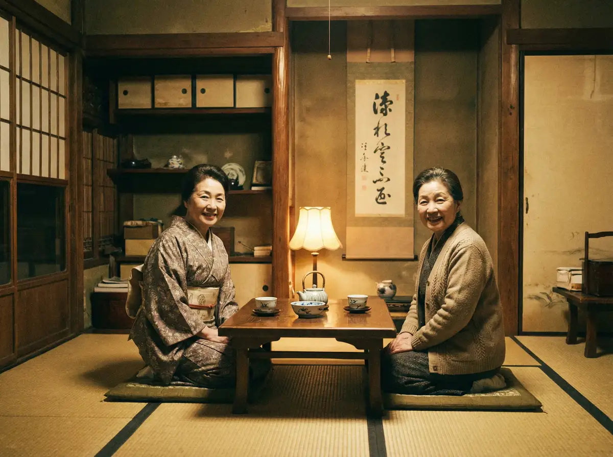 两位优雅的 神木丽 在日式茶室中品茶交谈